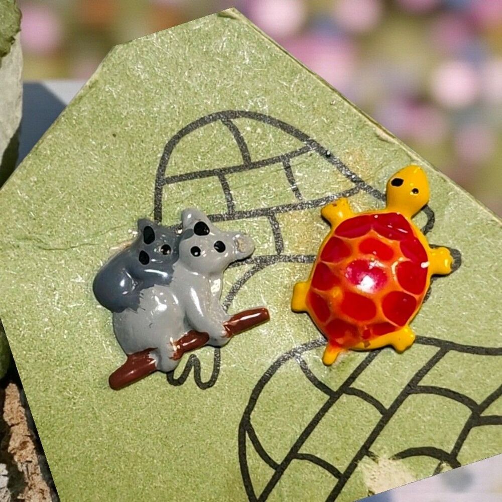 Vintage The Bug House Turtle & Koala Enamel Pins Original Card 1960s 1970s Gift